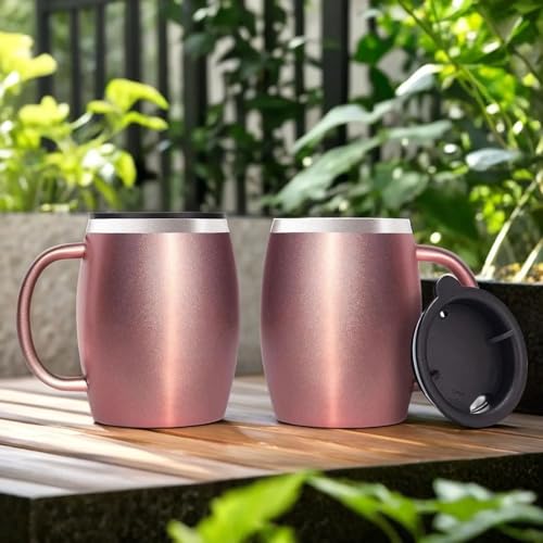 Stainless Steel Insulated Coffee Mugs Set of 2 (14 oz) – Double Wall Coffee Cups with Spill-Resistant Lid and Strong Handle, Shatterproof Cups for Cold Drinks & Hot Beverages - Rose Gold - color: Rose Gold