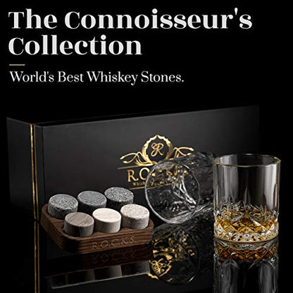 Whiskey Chilling Stones Gift Set - 6 Handcrafted Premium Granite Round Sipping Rocks - 2 Crystal Glass Tumblers - Hardwood Presentation & Storage Tray - Elegant Gold Foil Gift Box by R.O.C.K.S.