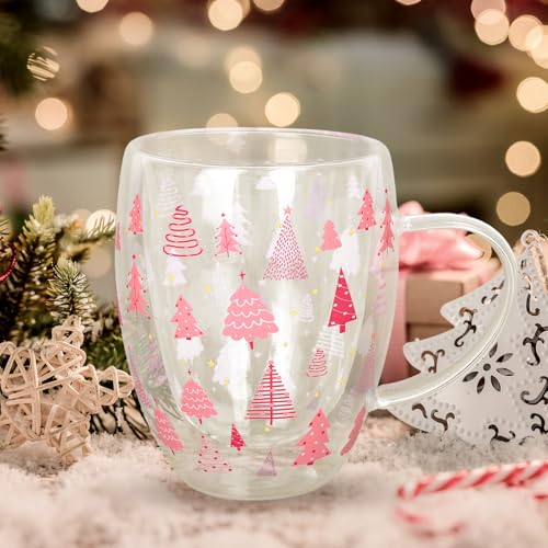 JarThenaAMCS Christmas Double Wall Glass Coffee Mugs 12oz Cute Pink Xmas Tree Insulated Glasses Clear Espresso Cups with Handle for Home Holiday Supplies, Set of 2 - style: Pink Xmas Tree