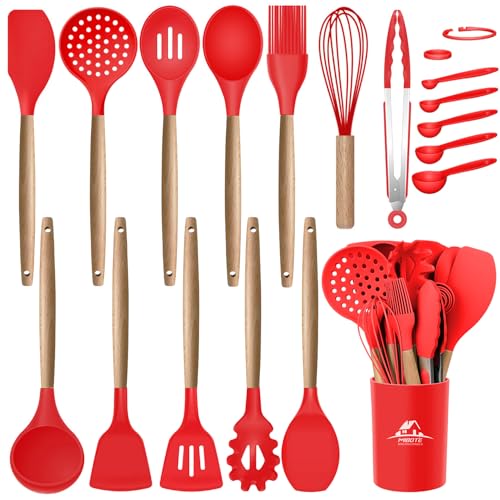 MIBOTE Silicone Cooking Kitchen Utensils Set, Wooden Handle, Red | BPA-Free, Non-Toxic Silicone Turner, Tongs, Spatula, Spoon Set – Great for Nonstick Cookware, Heat-Resistant, Easy Clean - color: Red