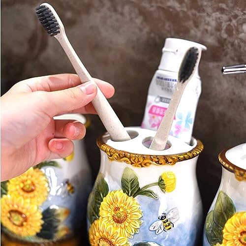 Ceramic Sunflower Bathroom Accessories Set, 4 Piece Bathroom Ensemble Set with Toothbrush Holder, Toothbrush Cup, Soap Dispenser, Soap Dish - color: Yellow