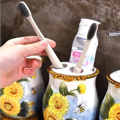 Ceramic Sunflower Bathroom Accessories Set, 4 Piece Bathroom Ensemble Set with Toothbrush Holder, Toothbrush Cup, Soap Dispenser, Soap Dish - color: Yellow