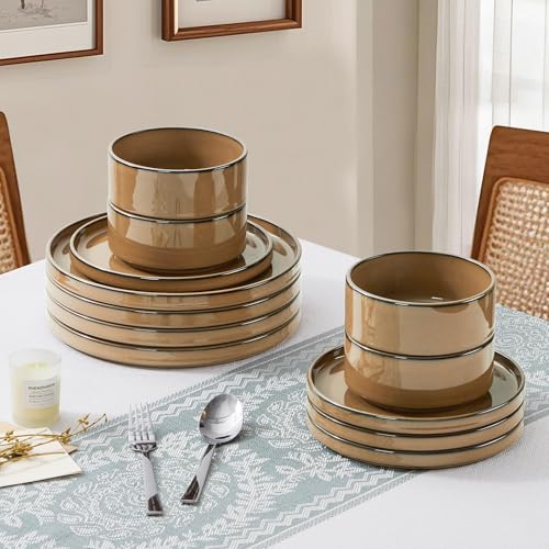 LIANYU Dinnerware Sets for 4, 12 Piece Modern Stoneware Dishes Set | Elegant Plate and Bowl, Ceramic Dining Dishware for Dinner, Rustic Terracotta Bottom, Microwave & Dishwasher Safe, Amber Gold - color: Amber Gold