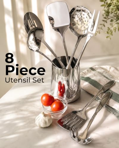 Zulay Kitchen Stainless Steel Cooking Utensil - Stainless Steel Kitchen Utensil - Durable Kitchen Gadgets - Metal Kitchen Accessories - Easy to Clean Kitchen Tools - 8 Piece Set - size: 8 Piece Set