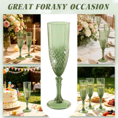 12 Pack Plastic Champagne Flutes, Green Reusable Champagne Glass | Unbreakable Hard Plastic Mimosa Cups Bulk with Stem, Fancy Stemware for Wedding, Party & NYE Celebration - color: Sage Green