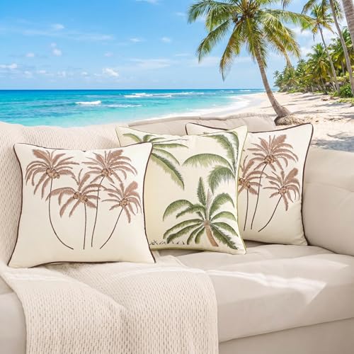 Green Palm Tree Throw Pillow Covers 18x18 Inch Set of 2 | Embroidery,Ocean-Themed,Durable Fabric,Boho Decorative,Hidden Zipper,Aesthetic Design,Ideal Gift,Easy Care - color: A-green Palm Tree
