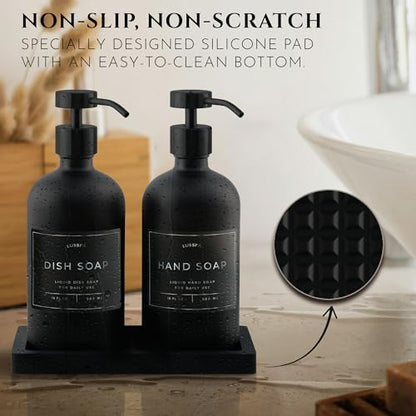 Glass Soap Dispenser Set of 2 (Black) with Silicone Tray | Hand and Dish Soap Dispenser for Kitchen and Bathroom | 16.8 Oz Glass Bottles with Stainless Steel Pump & 15 Waterproof Labels (Black) - color: Black