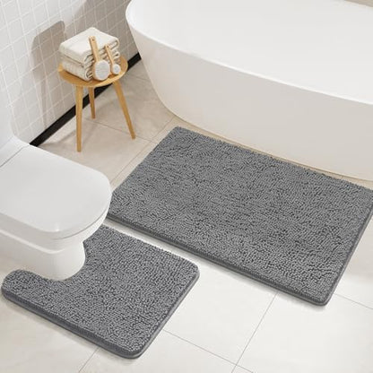 LOCHAS Bathroom Rugs Sets 2 Piece, 20''x20'' & 34''x21'', Light Grey | Non Slip U-Shaped Toilet Rug, Chenille Washable Absorbent, Soft Bath Mat Set for Shower, Sink - color: Light Grey