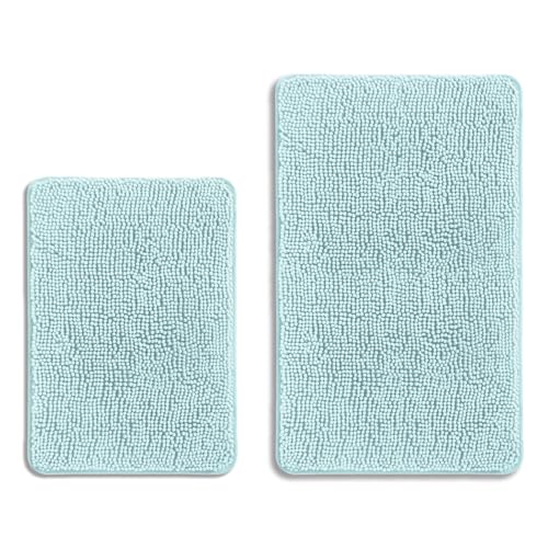 Aqua Bathroom Rugs Sets 2 Piece – Absorbent and Washable Bath Mat, Non-Slip, Thick Soft Chenille Bath Rugs for Bathroom Floor, Shower, Sink - 17" x 24"+20" x 32" - color: Aqua, size: 20"x32" and 17"x24"