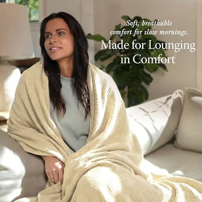 Threadmill Luxury Cotton Blankets for Queen Size Bed | All-Season 100% Cotton Queen Size Blanket | Herringbone Cozy, Soft Breathable Fall Thermal Blanket fits Full Size Bed | Vanilla Cream | 100% Cotton, Herringbone Pattern, 90x92 in, Breathable, Moisture