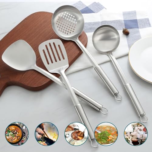 Pleafind 2-Pcs Solid & Slotted Spatula Set, 304 Stainless Steel Spatula, Metal Spatulas, Wok Utensils, Cooking Utensils, Wok Spatulas for Home, Kitchen and Restaurant, Dishwasher Safe - color: 2P-Argent