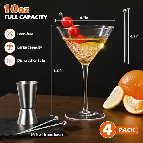 KMIGRUAN 10oz Large Martini Glasses Set of 4,Classic Crystal Cocktail Glasses,Hand Blown Martini Glass for Espresso Martini, Cosmopolitan, Manhattan, Home Bar Gift Set - style: Classic Martini Glasses