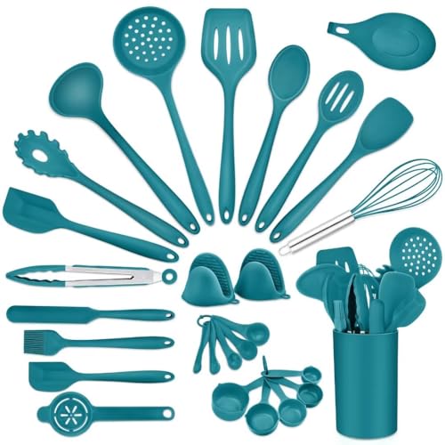 P&P CHEF Kitchen Utensils Silicone Cooking Utensil Set, 28Pcs Baking Utensils Spatulas with Holder, Heat-resistant & Non Toxic, Non-stick & Dishwasher Safe, Blue - color: Blue