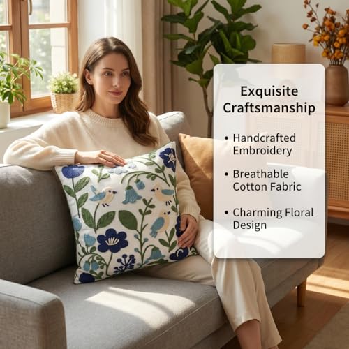 YIcabinet Pack of 2 Throw Pillow Covers, Embroidered Bird Flowers Pattern Throw Pillow Cover,Square Cotton Cushion,Pillow Case for Sofa Bedroom Couch,18"x18" - color: White18