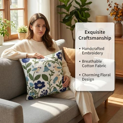 YIcabinet Pack of 2 Throw Pillow Covers, Embroidered Bird Flowers Pattern Throw Pillow Cover,Square Cotton Cushion,Pillow Case for Sofa Bedroom Couch,18"x18" - color: White18