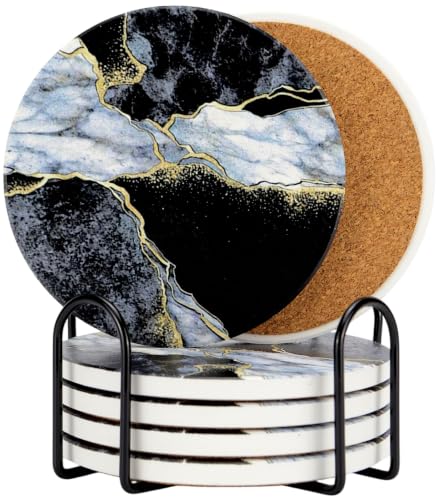Ceramic Drink Coasters Set of 6 with Holder, Absorbent Coasters with Cork Backing for Coffee Table, Surface Protection, Home Decor and Housewarming Gift (Midnight Marble) - color: Midnight Marble