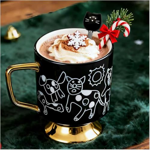 Christmas Mugs Whimsical Animal Ceramic fun Coffee Mug – 14oz Childlike Hand-Drawn Cat, Dog & Bear Design – Cute gothic Coffee Cup Gift for Women, Girls, Kids (Black) - color: Black