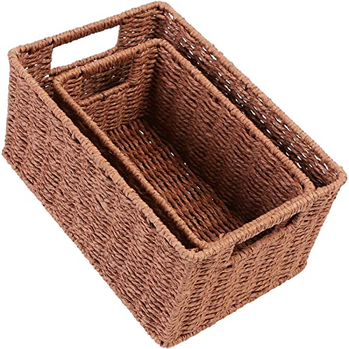 HOONEX Woven Baskets for Storage, Paper Rope Baskets with Sturdy Metal Wire Frame, Baskets for Shelves, Set of 2, Dark Brown - color: Dark Brown, size: 12 x 8 x 6 inches