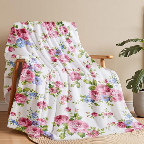 Wajade Floral Throw Blanket Birthday Gift for Women Mom Girls Colorful Flowers Blanket Watercolor Flannel Blanket Wildflower Printed Throw for Couch Sofa Bed Chair 50"x60" - color: Pink Rose, size: 50"x 60"