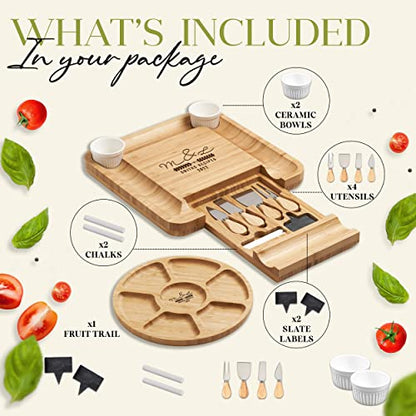 Personalized Bamboo Cheese Board and Knife Set - Custom Engraved Platter Serving Tray with Slide Out Drawer & 4 Stainless Steel Knives - Unique Gift Set for Anniversary, Wedding (Design 8) - color: Design 8