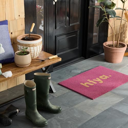 TOWN & COUNTRY TERRA Hiya Painted Welcome Door Mat, Natural Coir, Heavyweight, Non-Slip Entryway Mat, Purple, 24"x36" - color: Purple, size: 2' x 3' (Rectangular)