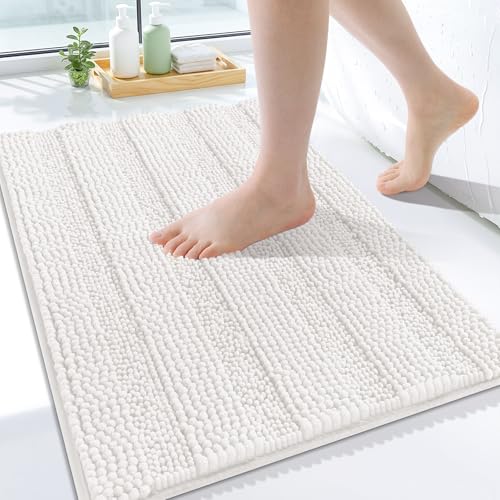 Grandaily Chenille Striped Bathroom Rugs 24x16, Extra Thick and Absorbent Bath Mats, Non-Slip Soft Plush Shaggy Shower Carpet, Machine Wash Dry, Bath Rug for Bathroom, (Small, Cream) - color: Cream, size: 24" X 16"