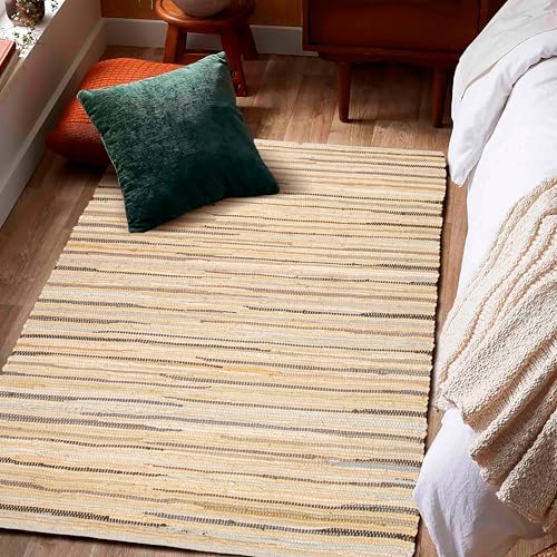Chindi Area Rug 3x5 Feet - Beige | Farmhouse Cotton Rag Rugs for Living Room, Easy Clean Braided Boho Carpet - color: Beige, size: 3 x 5 feet