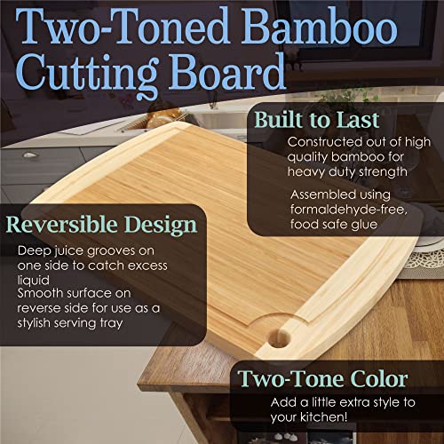 BambooMN Heavy Duty Premium Bamboo Two-Toned Cutting Board w/Hanging Hole - 17.25" x 11.75" x 0.75" - Grooved/Flat - 2 Pieces - size: 17.25" x 11.75" (Two-Tone w/hole)