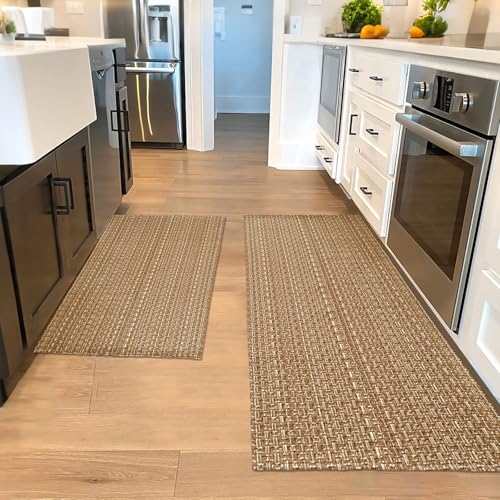 Tan Brown Faux Jute Braided Kitchen Rug Set 20"x30"+20"x48",Non Slip | Solid washable kitchen floor mats with non slip backing,easy to clean for indoor kitchen use - size: 1'8" x 4' (Rectangular)