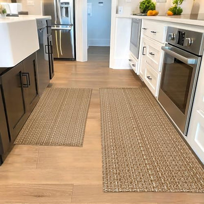 Tan Brown Faux Jute Braided Kitchen Rug Set 20"x30"+20"x48",Non Slip | Solid washable kitchen floor mats with non slip backing,easy to clean for indoor kitchen use - size: 1'8" x 4' (Rectangular)
