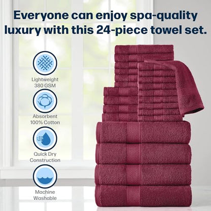 24-Piece Set of Towels, Lightweight 380 GSM Cotton Towels, Quick Drying, Absorbent Hand Towels, Fingertip Towels, Bath Towels, & Washcloths, Burgundy - color: Burgundy