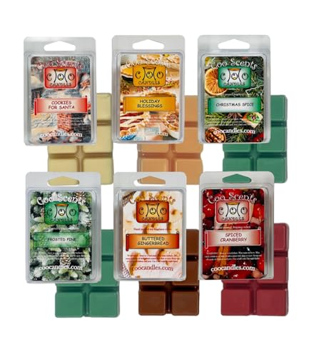 Christmas Wax Melts - Holiday Scented Wickless Soy Candle Melts for Wax Warmer - Pine, Spiced Cranberry, Gingerbread & More - Winter Themed Wax Cubes, Made in the USA - 6 Pack