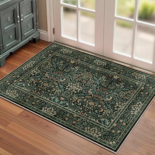 2x3 Washable Area Rug Non-Slip Entryway Rug Indoor Mat Dark Green | Soft Low-Pile Small Rug,Distressed Botanical Birds Rug,Stain-Resistant Boho Carpet,Durable Area for Kitchen Bathroom Bedroom - color: Dark Green, size: 2' x 3' (Rectangular)