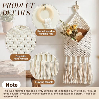 2 Pack Boho Mail Holder for Wall, Handwoven Mail Organizer with Hooks, Cotton Rope Hanging Basket for Letters, Keys and Small Items for Entryway Home Office Hallway Decor, White