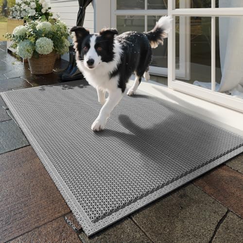 Front Door Mat Outside Entrance Drainage Doormat Grey 20"x31" | Outdoor Welcome Mats For Patio Waterproof, Dirt Trapper with Non-Slip Rubber Backing, Dirt Mat for Garage Home Pool Entrance - color: Grey, size: 20''x31''