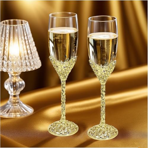 Gold Champagne Flutes -His and Hers,Wedding Toasting Glasses for Wedding,Engagement Celebrations, Bridal Shower and Registry Idea,Wine Glasses for Bride and Groom Gifts,7oz (Light Glod) - color: Light Glod