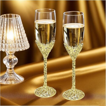 Gold Champagne Flutes -His and Hers,Wedding Toasting Glasses for Wedding,Engagement Celebrations, Bridal Shower and Registry Idea,Wine Glasses for Bride and Groom Gifts,7oz (Light Glod) - color: Light Glod