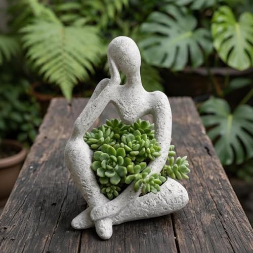 Large Resin Thinker Head Planter Pot with Drainage Hole Unique Indoor Outdoor Flower Pot for Succulents Cacti and Home Decor Perfect Plant Lover Gift
