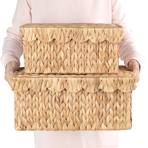 2pcs Hand Woven Water Hyacinth Scallopped Baskets with Lid, Small Hyacinth Basket, Decor Wicker Storage Basket, Storage Basket for Living Room, Bathroom, Bedroom, Food, Bread, Picnic - color: Natural