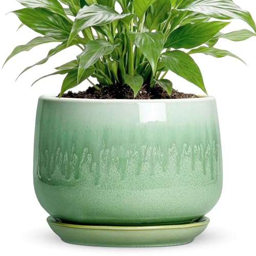 Ceramic Pots for Plants - 7 Inch Planters for Indoor Plants, Round Ceramic Plant Pot with Drainage Hole and Saucer, Decorative Planters, Rustic Home Decor, Plant Gifts for Women, Green - size: 7 Inch, style: Green