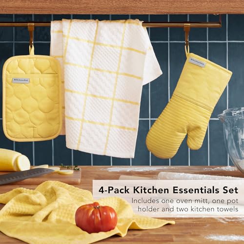 KITCHENAID Quilted Cotton Terry Cloth Oven Mitt, Pot Holder, Kitchen Towel 4-Pack Set, Heat Resistant, Silicone Grip, 16"x26", 7"x13" & 7"x10", Butter Yellow - color: Butter Yellow