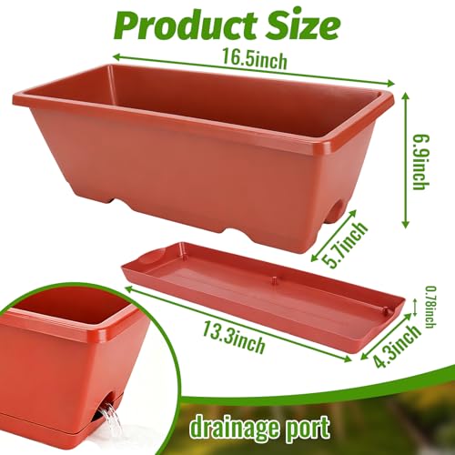 7 Pack 17 Inch Rectangular Plastic Window Box Planters(Brick-red) | Includes trowel, waterproof mat & gloves, perfect for indoor/outdoor herbs, veggies, and flowers - color: Brick-red