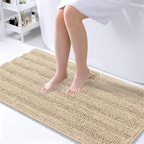 OLANLY Thick Large Bathroom Rugs 45x27, Soft Chenille Bath Rugs, Beige | Absorbent Striped, Rubber Backing, Machine Wash Dry, Bath Mats for Bathroom Floor, Tub and Shower, Home Decor Accessories - color: Beige, size: 45" X 27"