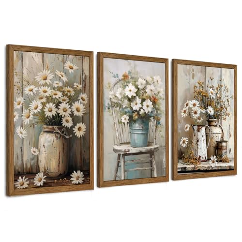 DUWQU Triptych Rustic Farmhouse Daisy Framed Canvas Wall Art 20x30 inch x3 | Wooden frame, UV-resistant ink, Giclée printing process, Pre-installed hooks make it easy to hang home or office wall decor - color: flower(Framed), size: 30"L x 20"W