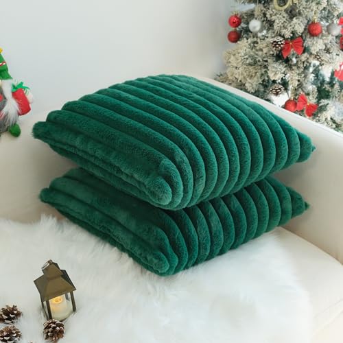 JOJUSIS Faux Fur Plush Throw Pillow Covers, Dark Green, 22 x 22-Inch - color: Dark Green, size: 22" x 22" (Pack of 2)