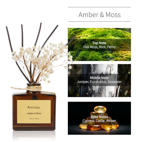 Reed Diffuser, Amber & Moss Essential Oil Diffuser with Dried Flowers, 3.4 oz Scented Oil Air Freshener, Handmade Home Decor, Long-Lasting Room Scent Fragrance for Office, Bathroom | 3.4oz(100ml) Scented Oil Air Freshener, Handmade Home Decor, Long-Lastin