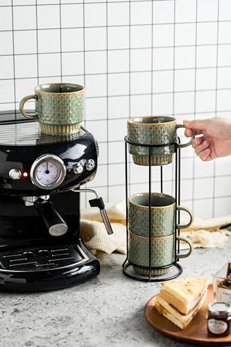 LYEOBOH Coffee Mug, Coffee Mugs Set of 4, Stackable Coffee Mugs with Rack and Spoons - 13 Oz Cup Set with Stand, Ceramic Mugs for Home & Kitchen, Blue and Green - color: Blue and Green