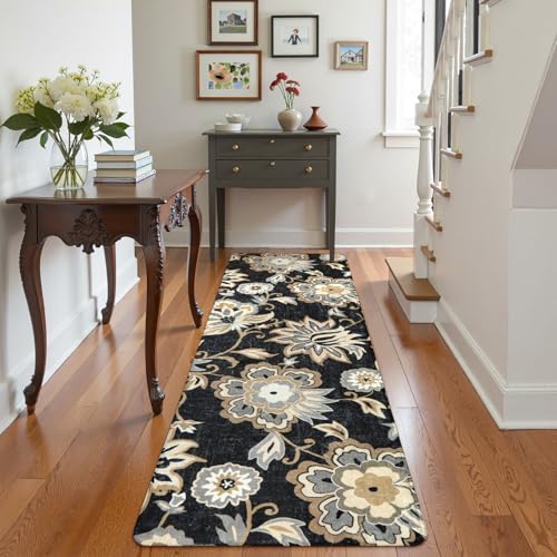Lahome Floral Washable Runner Rug - 2x6 Runners for Hallways Non-Slip Low-Pile Kitchen Rug, Black Paisley Print Carpet for Laundry Bedroom Entryway （(2’X 6’, Blacak) | Low-Pile Kitchen Rug, Black Paisley Print Carpet for Laundry Bedroom Entryway (2' x 6',