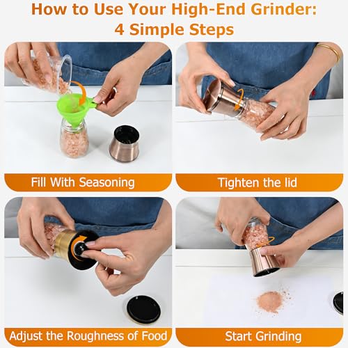 R DRURLCD Short Copper Salt and Pepper Grinder Set of 2, Manual Adjustable Coarseness with Ceramic Blades - Stainless Steel Refillable Mills, Bonus Silicone Funnel - color: Copper, size: 2PK