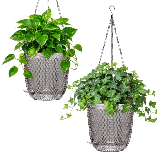QCQHDU 7.2 Inch 2 Pack Hanging Planters for Indoor Outdoor Plants,Self Watering Flower Pots Hanging Basket,Plastic Plant Hanger with Drainage Holes and 3 Hooks for Window Porch Garden Balcony, (Grey) - color: Gray, size: 7.2"+7.2"
